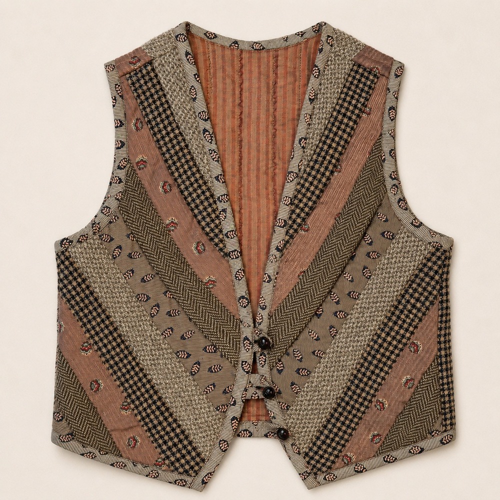 Vtg Quilted‎ Patchwork Vest Earthy Herringbone Houndstooth Floral Cottagecore S